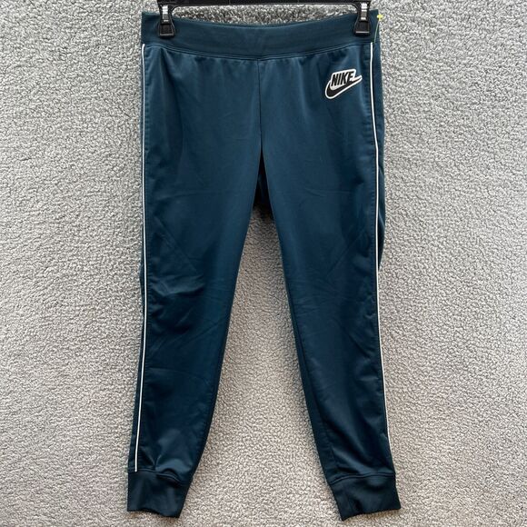 Nike Womens Athletic Workout Pants Blue Logo White Stripe Drawstring M Medium - Picture 1 of 16